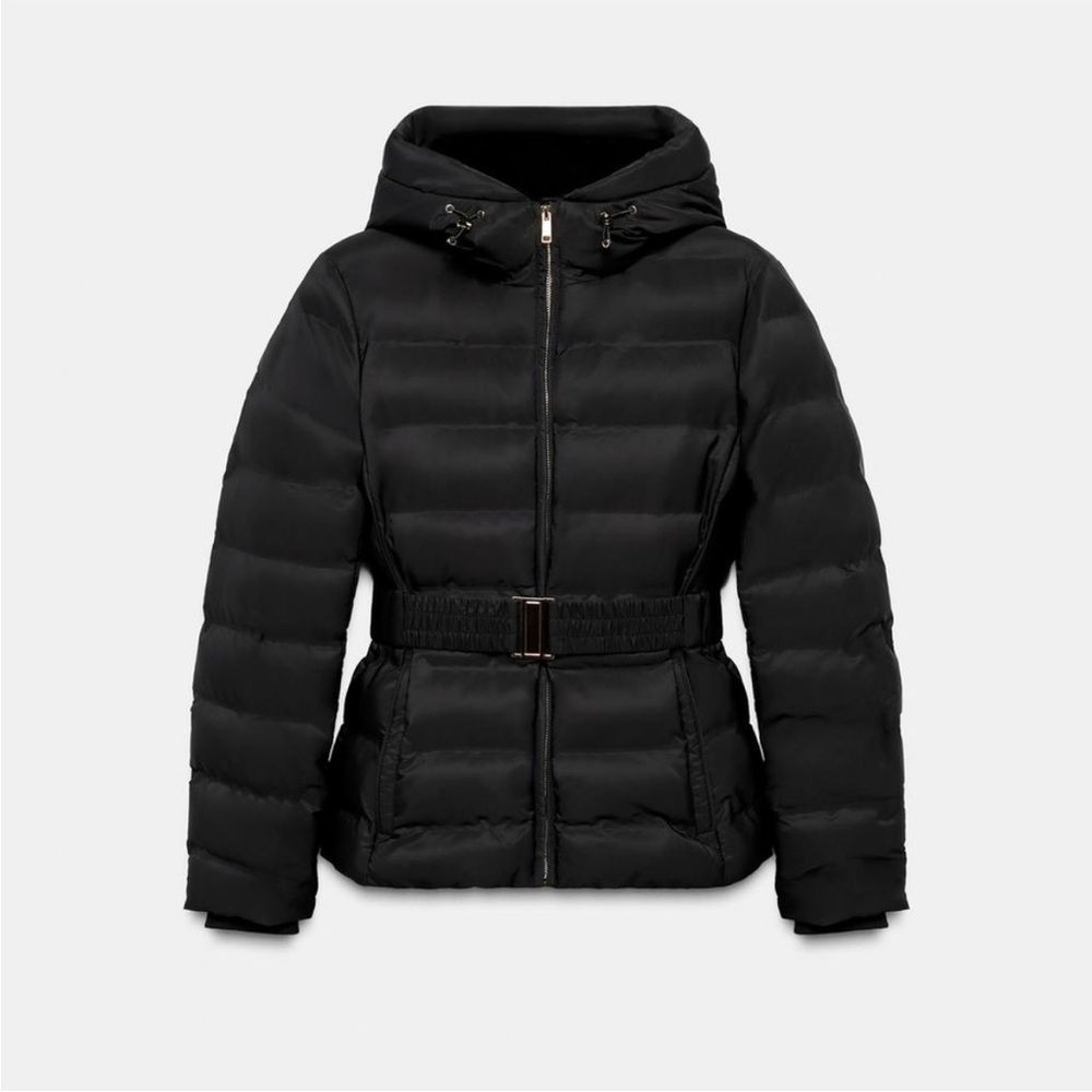 Zara NWT short fitted belted puffer windproof waterproof anorak black 8073/222 - Picture 3 of 10